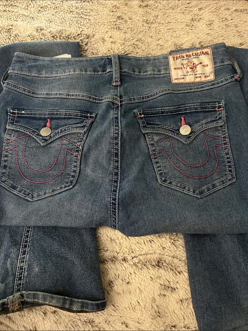5/$10 item True Religion Women's Blue Denim Bootcut Jeans with Pink Stitching